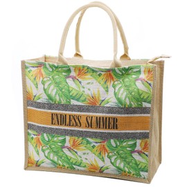 JNF Straw Beach Bag Jute Beach Tote Bags for Women Burlap Tote Bag with Zipper Reusable Grocery Shopping Bag with Handle (Tropical plants)