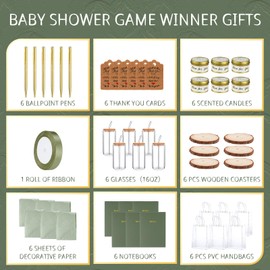 MotiMind 6 Sets Baby Shower Prizes for Game Winners Baby Shower Favors Wedding Bridal Shower Gifts Including Glass Cans Notebooks Ballpoint Pen Soy Candles Wood Coaster Gift Bag Thank You Cards