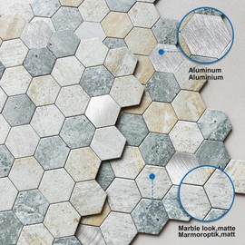 MOFIT Hexagon Peel and Stick Backsplash Tiles Kitchen,Self-Adhesive Metal and Marble Honeycomb Peel and Stick Wall Tiles Sticker Mosaic Heat Resistant(Blue Green Gray,10sheets)