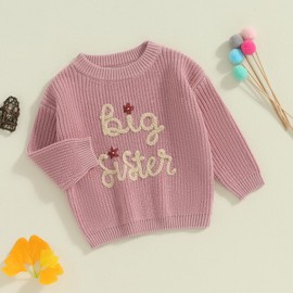 Yassiglia Big Sister Little Sister Matching Outfits Toddler Baby Girls Fall Winter Jumper Cute Knit Sweater Letter Embroidery Pullover Top Knitwear (Rosy Pink-Big, 3-4 Years)