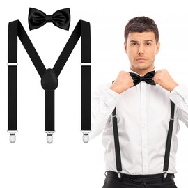 AOOWU Wide Braces with Bow Tie Set 2.5/3.5 cm Braces Adjustable Braces with Bow Tie for Men with Very Strong 3 Metal Clips, One Size for Men and Women, Black-Adult (3.5 cm)