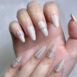 Soovbk Handmade Press on Nails, Medium Almond Fake Nails, Silver Line Designs with Rhinestone False Nails, Professional Hand-painted Nail Design 10 pcs Set (Size M)