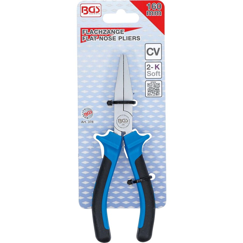 BGS 378 Flat Nose Pliers, Silver/Black/Blue, 160 mm