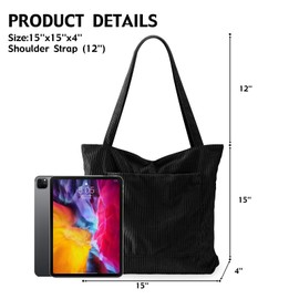 RZMAYIS Corduroy Tote Bag with Zipper, Women's Large Capacity Hobo Tote Bag for College, Work, Travel, Shopping, Daily Use (Black)