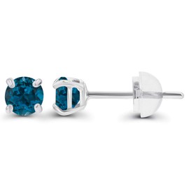 Genuine 10K Solid White Gold 3mm Round Natural London Blue Topaz December Birthstone Stud Earrings For Women