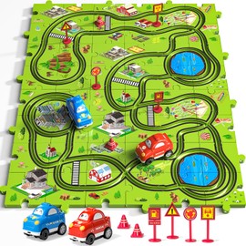 JUKUDAHU 48 PCS Puzzle Race Track Car Set Toys for 3 4 5 6 Year Old Boys - Puzzle Tracks Racing for Kids Ages 3-5 with 3 Sliding Play Set, Educational Birthday Gifts for Toddlers 1-3 2-4 4-6