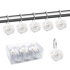BEAVO Ganchos para cortina de ducha, ganchos decorativos para cortina de ducha a prueba de óxido, ganchos de resina con flores de rosa, anillos para barras de ducha, cortinas de baño, juego de 12