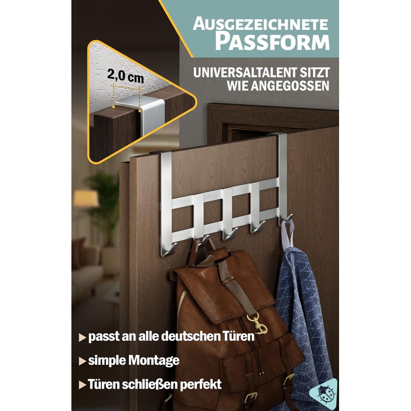 Menz Premium Door Coat Rack, 5 Hooks - Stainless Steel