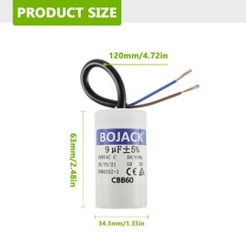 BOJACK CBB60 9uF 450V 50/60HZ Starting Capacitor, SH Motor Operating Capacitor, AC Motor Capacitor, with Wire