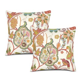 POMOTER Set of 2 20x20Inch Coral Tan Jacobean Floral Throw Pillow Cover Home Decorative Square Cream and Red Green Bird Flower Plant Cushion Covers Cotton Linen Home Decor Boho Pillowcase