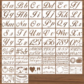BAMIDELE Letter Stencils for Painting on Wood, 50 Pcs Calligraphy Alphabet Drawing Templates with Numbers, Signs, Flowers, Reusable Cursive Plastic Art Craft Stencils