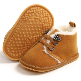 LAFEGEN Newborn Baby Booties Boys Girls Shoes Warm Winter Faux Fur Lining Non-Slip Lace Up Infant Toddler First Walker Crib Boots, 6-12 Months Infant, 02 Light Brown
