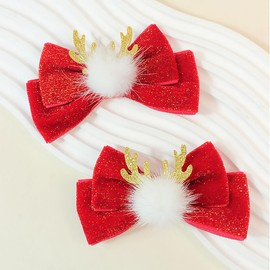 2 Pcs Christmas Hair Clip - Christmas Reindeer Antlers Headdress, Red Glitter Cute Bow Ties Antlers Ears Hair Pins, Christmas Party Hair Accessories for Girls Women