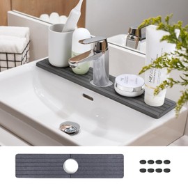 WIFORF Stone Faucet Mat for Kitchen Sink, 16 inch Long Diatomite Fast Drying Stone Sink Tray，Diatomite Absorbent Mat, Faucet Splash Guard for Bathroom Kitchen, 15.74 x 3.54 in(Dark Gray)