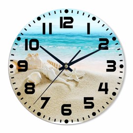 NOMEDOGYIM Seashells Wall Clock 10 inch Round Silent Non Ticking Wood Wall Clocks Battery Operated Easy to Read Decorative Wall Clock for Bedroom Kitchen Living Room Bathroom
