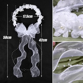 BETESSIN Girls' Communion Headband Hair Wreath Christening Hair Accessories Princess Flowers Headband Wedding Flower Girl Headpiece White Hair Band with Flowers Pearls