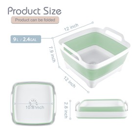2.4 Gal(9L) Collapsible Dish Basin with Drain Plug, Space Saving Outdoor Multiuse Foldable Sink Tub, Dishpan, Kitchen Storage Tray for Camping, Vegetable Washing, RV (Green)