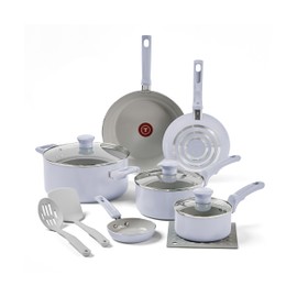 T-fal Refresh Ceramic, Ceramic Non Stick Cookware Set 12 Piece, Oven Broiler Safe 350F, Kitchen Cooking Set w/Egg Pan, Frying Pans, Saucepans, Dutch Oven, Lids, Tools, Pots and Pans Set Nonstick Blue