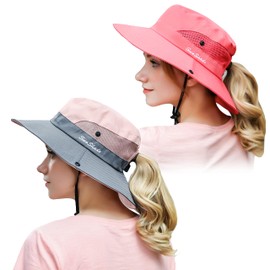 Muryobao Womens Outdoor Sun Hat Ponytail UV Protection Wide Brim Mesh Foldable Safari Beach Fishing Bucket Cap 2 Pack Pink & Pure Watermelon Red