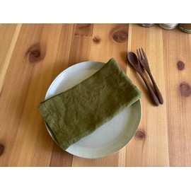 Linen Napkins –100% French Flax – Hemstitch Stonewashed Pure Linen Cloth Napkins - Size 50cm x 50cm – Set of 4 (Olive Green)