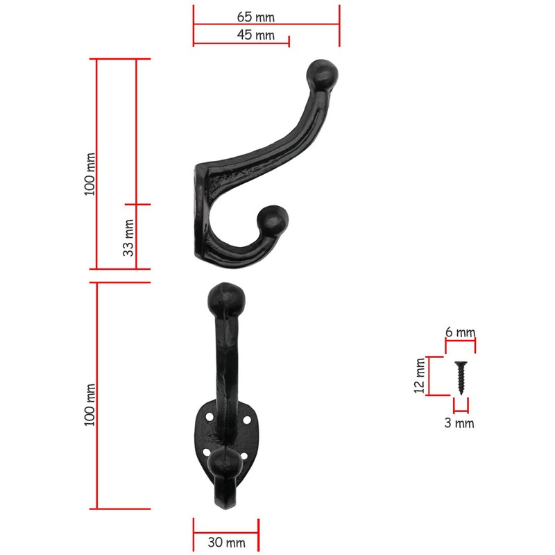 FUXXER 3 x Solid Iron Hooks, Coat and Clothes Hooks,
