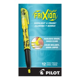 Pilot Frixion Light, Marcatexto borrable, tinta color amarillo, punta cincelada, Caja con doce piezas (46502)