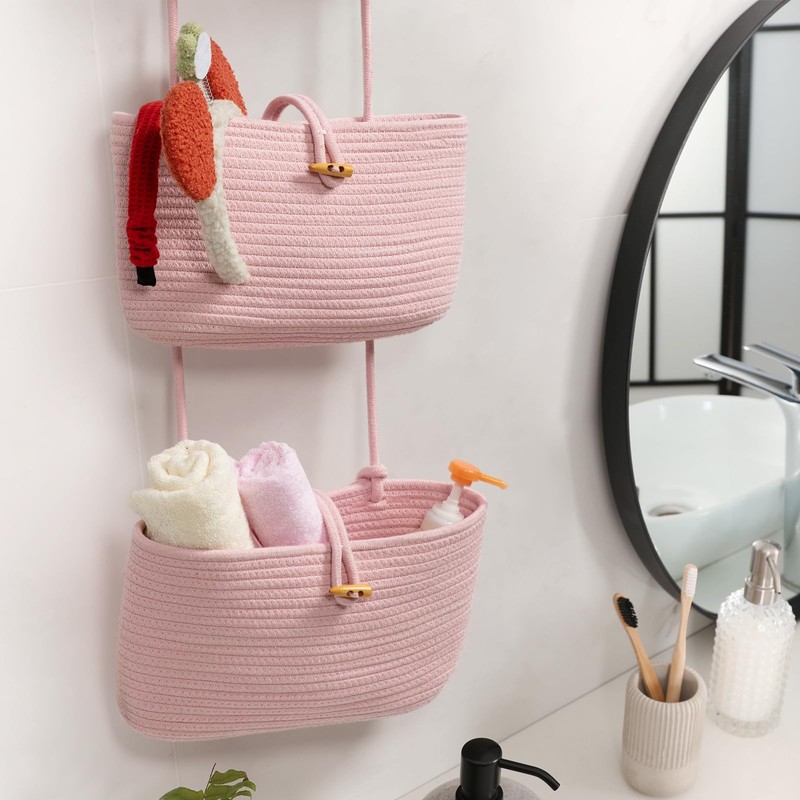 TeoKJ Over the Door Hanging Baskets with Button Strap, 3-Tier