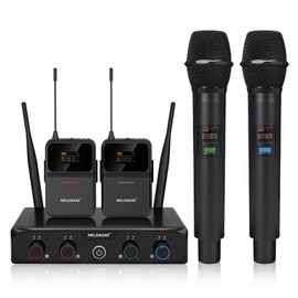MELONARE 4-Channel Wireless Microphone System,UHF Cordless Mic Set w/ 4x10 Frequencies, 200ft, 2 Handheld Dynamic Mics, 2 Bodypacks & Headset/Lapel Microphones for Singing, Karaoke, DJ (MWM-41-2H2B)