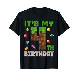 Birthday Boy It's My 4th Birthday 4 Year Old Pixel Gamer T-Shirt