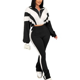 Vssjavun Women 2 Piece Outfits Sweatsuit Sets Color Block Long Sleeve Full Zip Cropped Jacket Bodycon Long Pants Jogger Set Tracksuit Lounge Outfit Black S