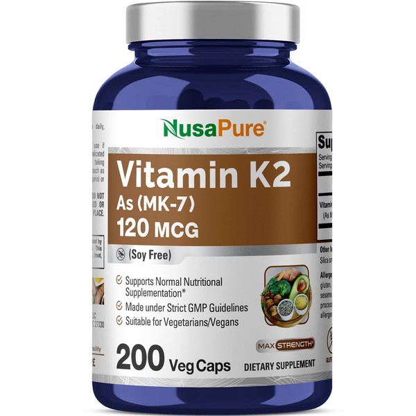 NusaPure Vitamin K2 MK7 120 mcg 200 Veggie Caps (Soy Free, Non-GMO, Vegan, Gluten Free)