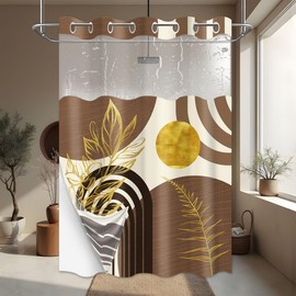 Boho Mid Century Modern Hookless Shower Curtain with Snap in Liner, Black and Brown Beige and Gold No Hook Double Layer Shower Curtains and Liner Set, Waterproof Cloth Fabric,54" W X 80" L