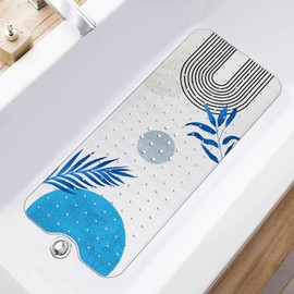 Boho Bathtub Mat Non Slip, Adults Baby Bath Mat for Tub Machine Washable, Long Bath Tub and Shower Mats with Drain Holes & Suction Cups 15.8"x39.5", Blue