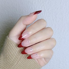 Soovbk Professional Handmade French Tip Press on Nails, Medium Almond Red Fake Nails, Design with Rhinestones Hand-Painted Fake Nail Art with Design 10 pcs Set (Size S)