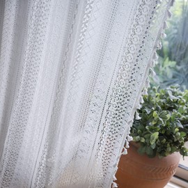 Deeprove - Cortinas bohemias de ganchillo de 84 pulgadas de largo para recámara, encaje de punto bohemio con borlas hechas a mano, clásico semitransparente a rayas, tratamiento retro de ventana, 1