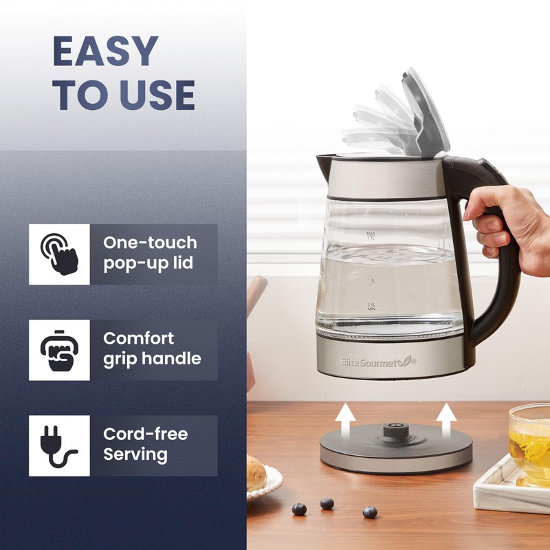 Elite Gourmet EKT-602 Electric BPA-Free Glass Kettle, Cordless 360° Base,