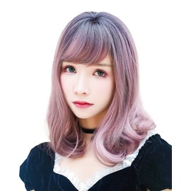 TefuRe H-6115 Medium Semi-Long Wig, Bangs Wig, Women, Black x Ash Pink (BLK-A-PNK)