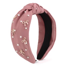 Uintoon Pink Headband Bow Pearl Knotted Headbands for Women Girls Cute Fashion Wide Headbands for Women Non Slip Hairbands Head Bands for Women's Hair Bow Hair Accessories