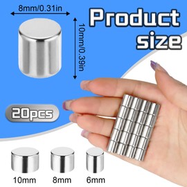 Mini Magnets Pack of 20 Neodymium Power Magnet Silver 8 x 10 mm Magnets Strong Fridge Magnet Small M Magnets Round Neodymium Magnet Fridge Magnet for Office, Whiteboard, Fridge, Door, Magnetic Board