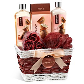 Coconut Spa Gift Basket Bath & Body Set with Shower Gel, Body Lotion, Bath Salts, Soap Flowers, Bath Sponge in a Wicker Basket (Pink & Brown Set)