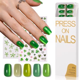 CUZIAM Green Cat Eye Press on Nails Short Square, Shimmer Magnetic Gel Dark Black Green St. Patrick's Day False Nail Tips, 24pcs Glossy Reusable Natural Fit Full Cover Glue on Fake Nails for Women