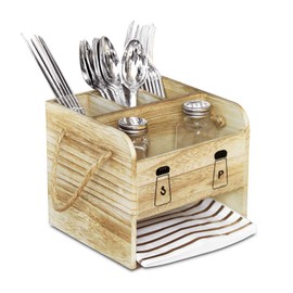 Ikee Design Wooden Utensil Caddy Flatware Holder with Handles - Hold for Spoons, Knives, Forks, Salt Pepper Shakers, Napkins for Dining Room, Restaurant and Kitchen, 7.13”W x 6.63”D x 7.5”H