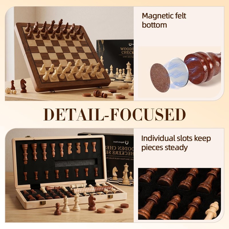 2 in 1 Magnetic Wooden Chess and Checkers Board Game
