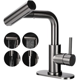 Bietor Bathroom Faucets, Single Handle Pull Out Bathroom Sink Faucet, 1 or 3 Holes with Pop-up Drain & Deck Mount Plate, Stainless Steel Lead-Free Faucet for Bathroom Sink Vanity