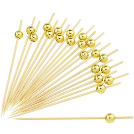 DLOnline 200 Counts 4.7 Inches Gold Pearl Fruit Sticks,Handmade Cocktail Picks,Sticks Wooden Toothpicks Party Supplies