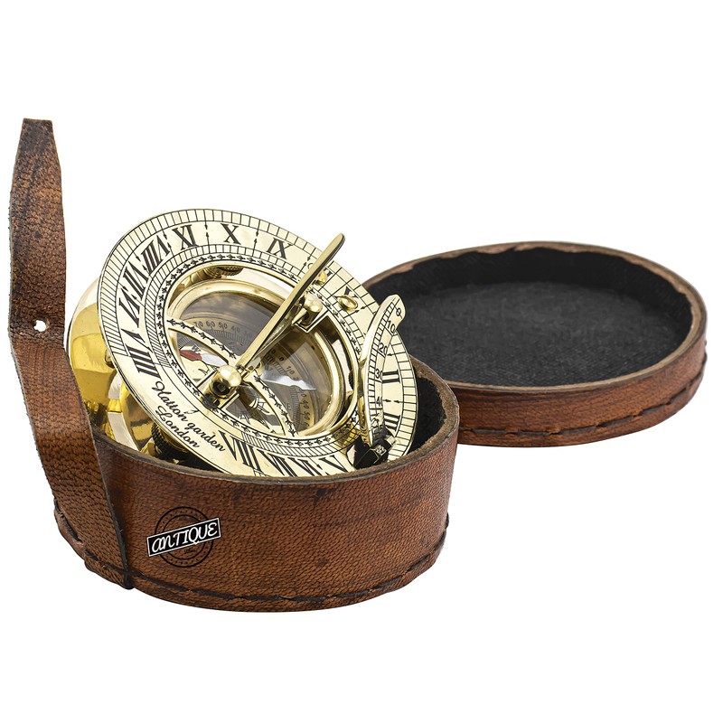 Brass Sundial Compass with Vintage Red Leather Case Hiking Hunting