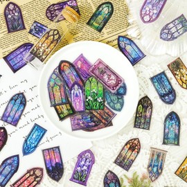 50-Piece Clear Waterproof Stained Glass Religious Art Scrapbook Stickers - Colorful Gothic Window Christian Decals for Journals, Bible Crafts, Art Projects, Religious Decorations