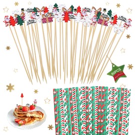 UOY Christmas Cocktail Sticks, Pack of 80 Wooden Skewers, Cocktail Party Decoration with 24 Straws, Christmas Party Cocktail Picks for Christmas Party, Food & Drink Decoration