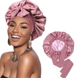 Satin Bonnet Silk Bonnet for Sleeping Silk Sleep Cap Double Layer Hair Bonnet with Elastic Tie Band for Curly Hair Night Cap Pink