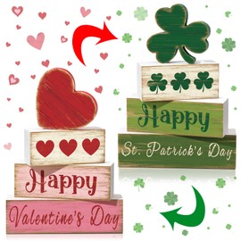 Moucuny 4 Pcs Valentine's Day Decorations for Home Reversible Valentine's Day St. Patrick's Day Centerpiece Decoration Wooden Decor Double Side St. Patrick's Day Tiered Tray Decor for Home